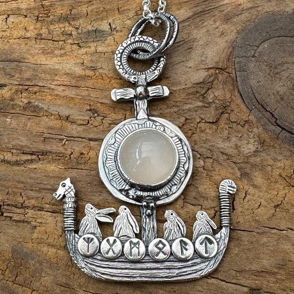 Hare Viking Ship Pendant with Moonstone 