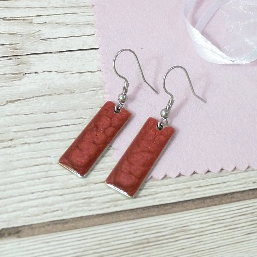 Small deep red dangle earrings, minimalist bright drop earrings