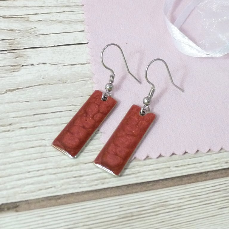 Small deep red dangle earrings, minimalist bright drop earrings