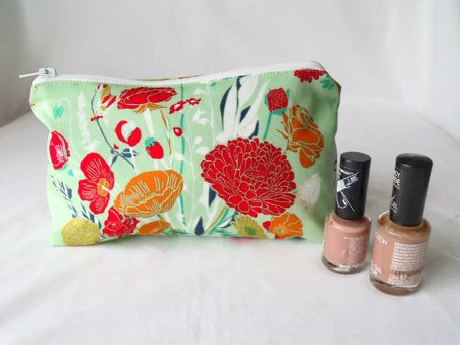 mint green zipped make up pouch, pencil case or crochet hook holder