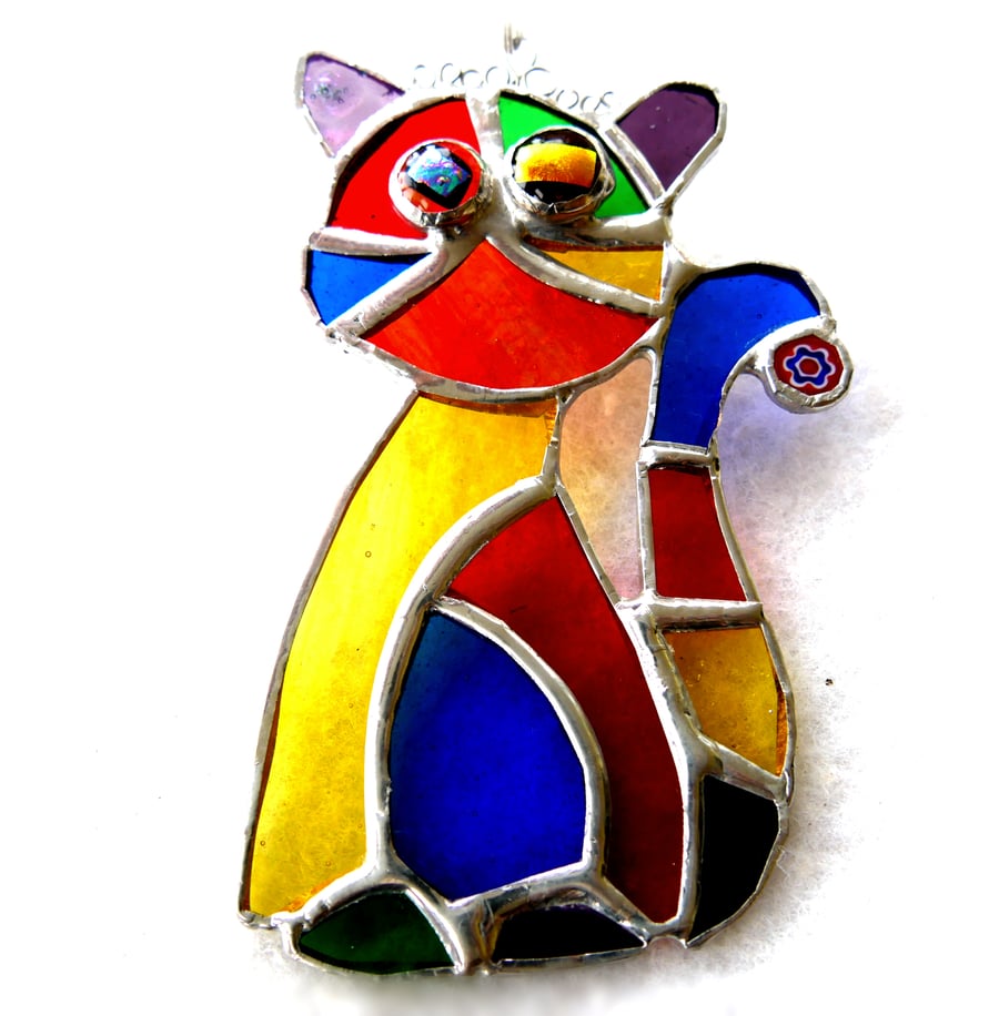 Cat Suncatcher Blue Tum Stained Glass Rainbow Picasso Patchwork 019