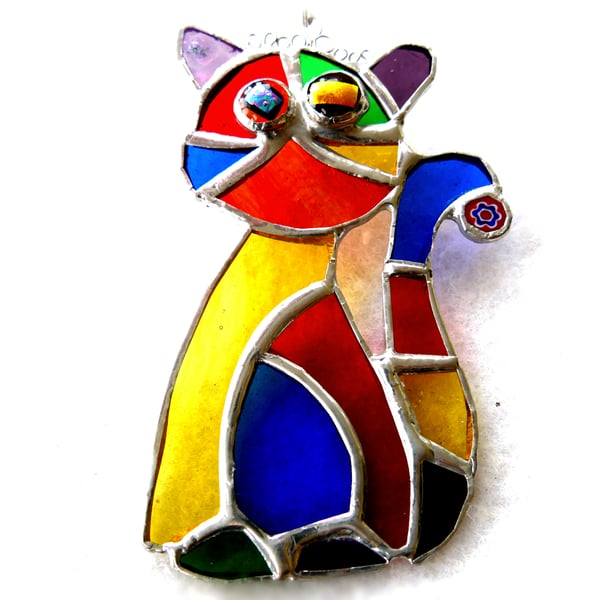 Cat Suncatcher Blue Tum Stained Glass Rainbow Picasso Patchwork 019