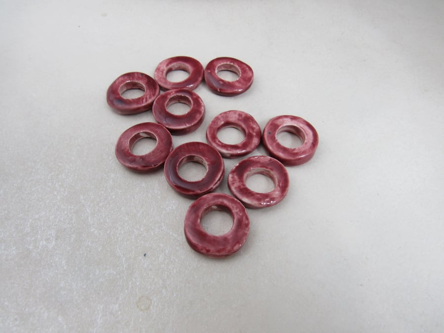 10 Medium Dark Rose Red Glazed Ceramic Donut Beads