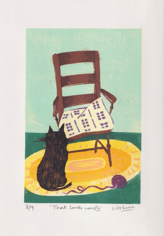 Linocut of cat with chair - limited edition