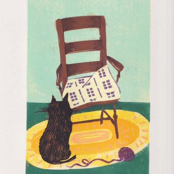 Linocut of cat with chair - limited edition