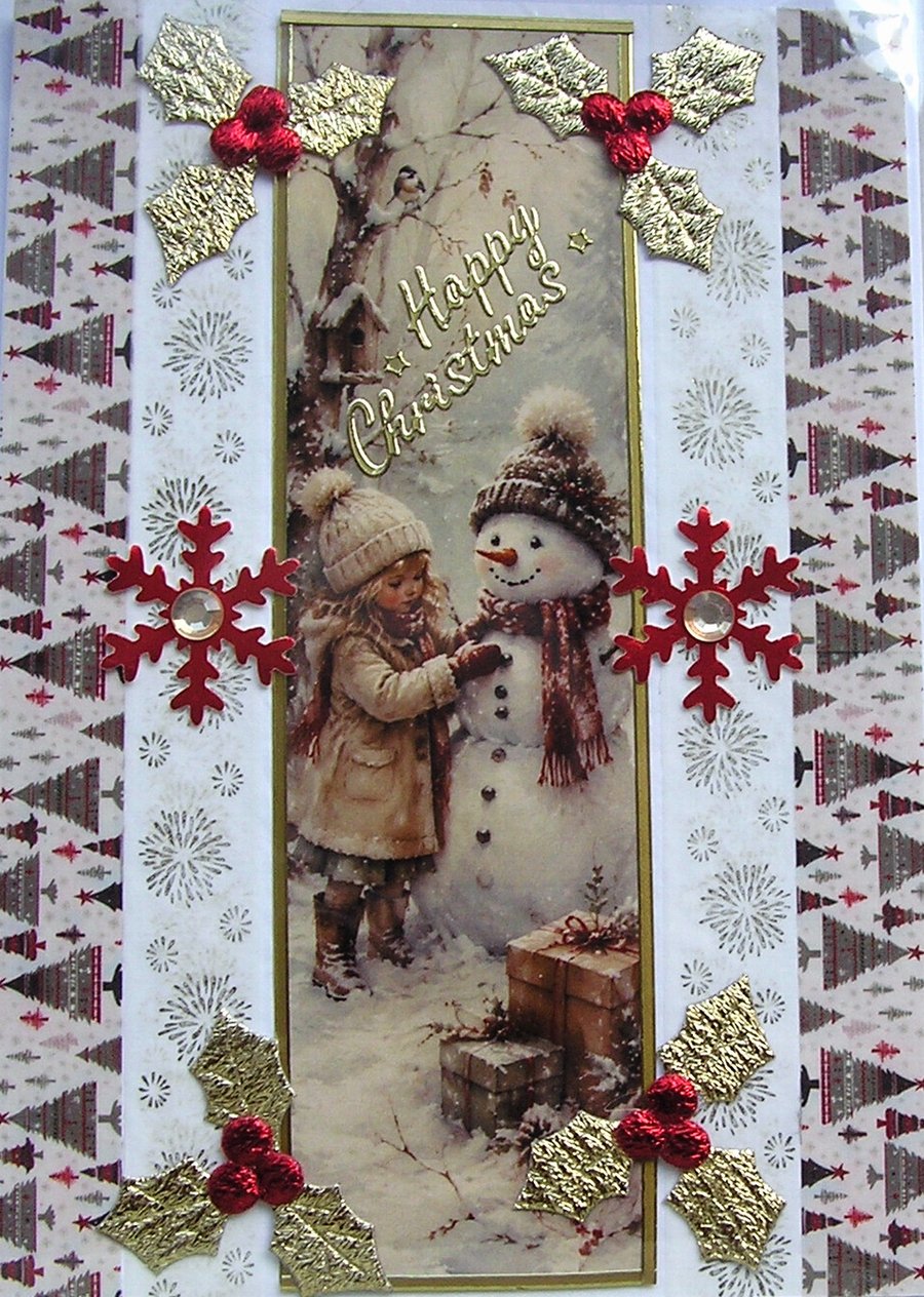 Hand Crafted Decoupage Chistmas Card Happy Christmas (3373) Girl and a Snowman