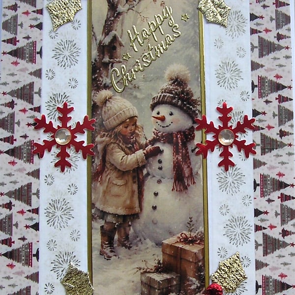 Hand Crafted Decoupage Chistmas Card Happy Christmas (3373) Girl and a Snowman