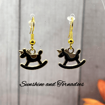 Gold Rocking Horse Earrings – Black Enamel Hypoallergenic Handmade Jewellery.