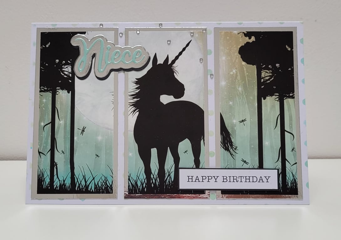 Niece Birthday Card - Magical Forest Unicorn Silhouette Happy Birthday Card