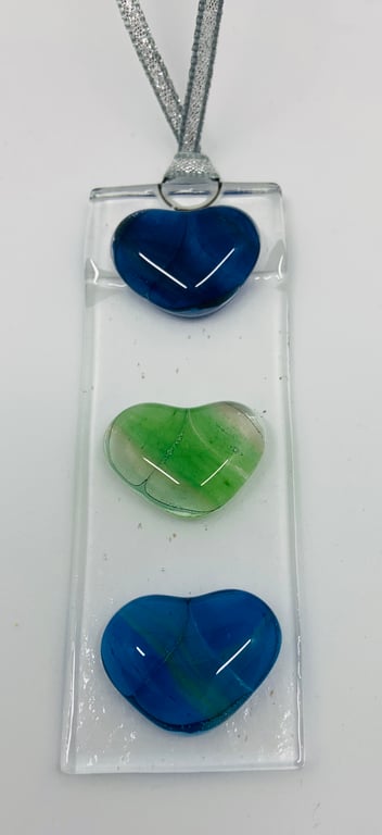 Fused Glass Hanging Sun Catcher featuring hand enamel painted glass hearts