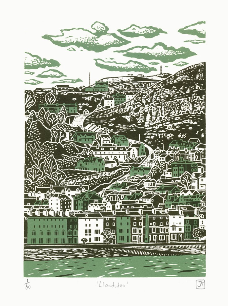 Llandudno two-colour A3 linocut screen-print