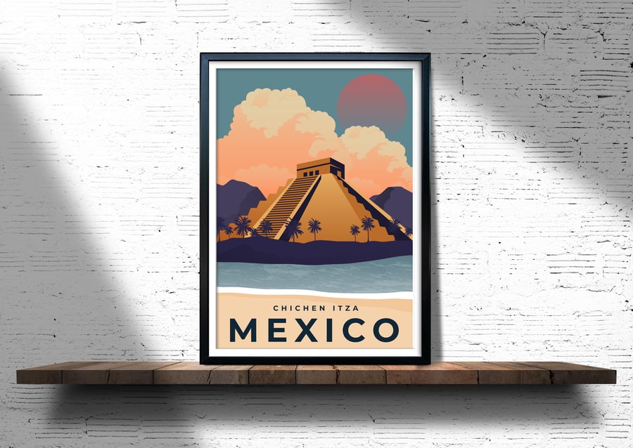 Chicen Itza retro travel poster, Chichen Itza print, Mexico travel poster