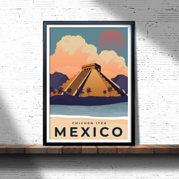 Chicen Itza retro travel poster, Chichen Itza print, Mexico travel poster