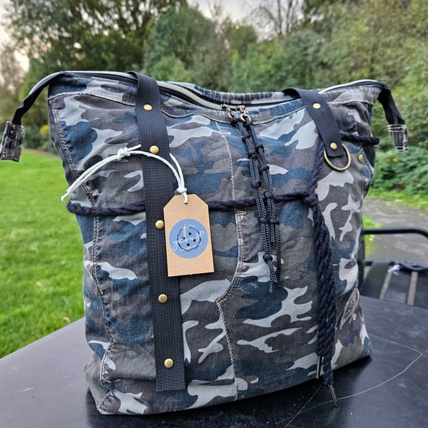 Camo tote bag, sustainable handbag, everyday bag 