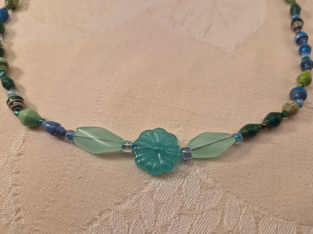 Multi-hued blue & green paper and glass bead necklace w light blue accent beads