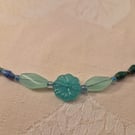 Blue & green paper and glass beaded necklace with light blue accent beads