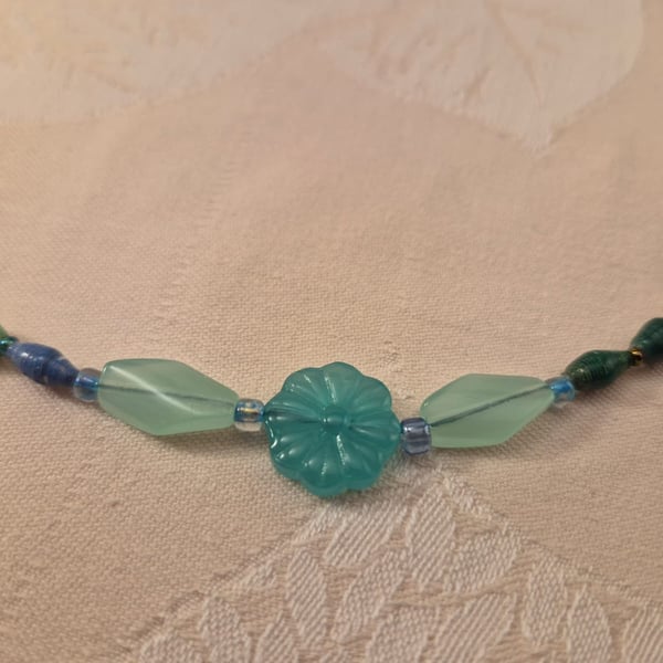 Blue & green paper and glass beaded necklace with light blue accent beads