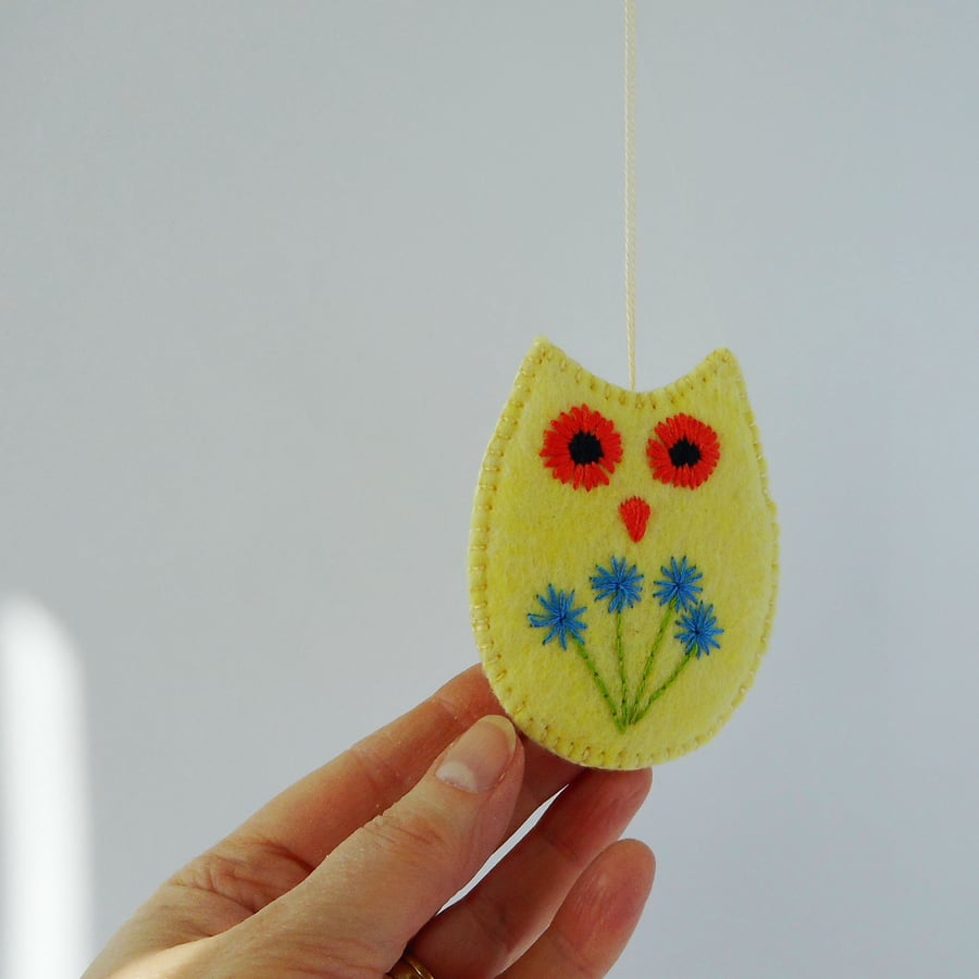 Hand embroidered felt owl hanging decoration