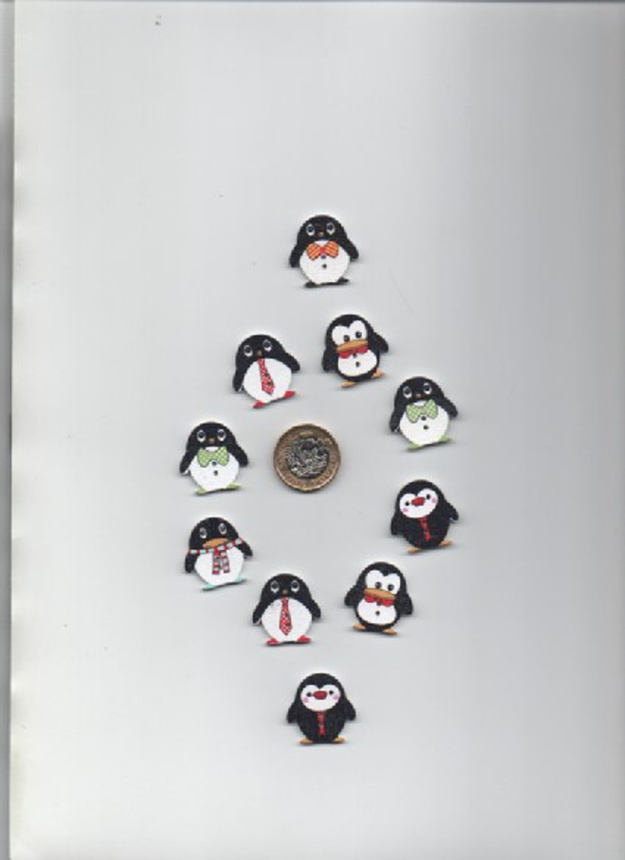 Pack of 10 assorted hand finished wooden PENGUIN buttons