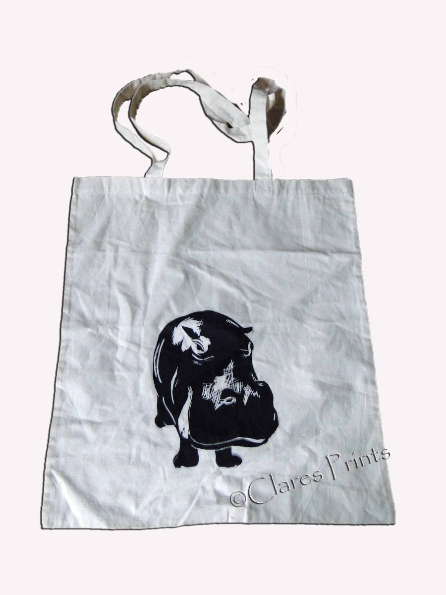 Black Hippo Tote Hand PrintedCream Tote Shopping Bag