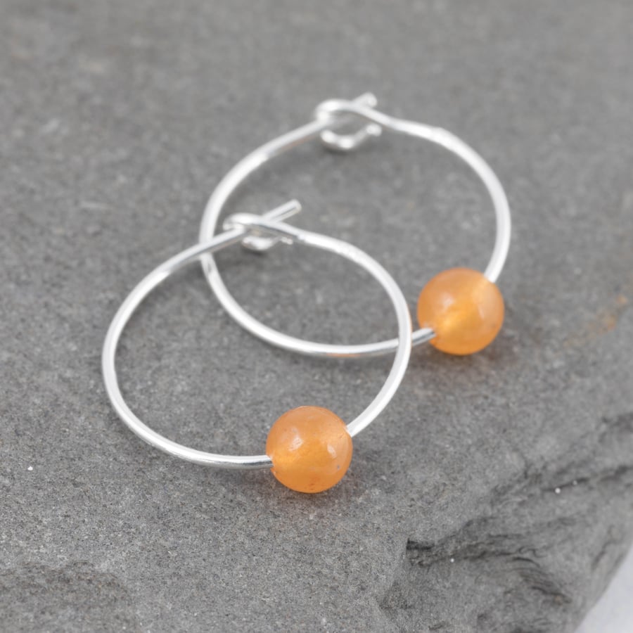 Boho 4mm Red Orange Aventurine Gemstone & 15mm Sterling Silver Hoop Earrings