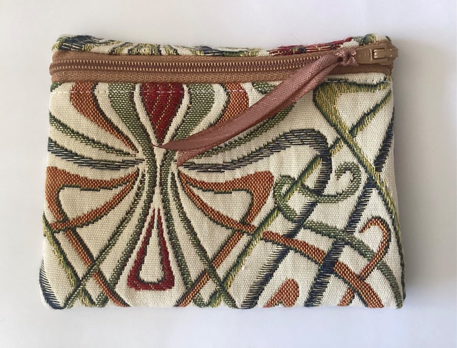 Purse, green, red, zipped for coins, notes and cards, make up