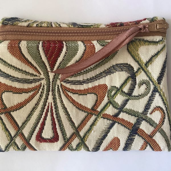 Purse, green, red, zipped for coins, notes and cards, make up