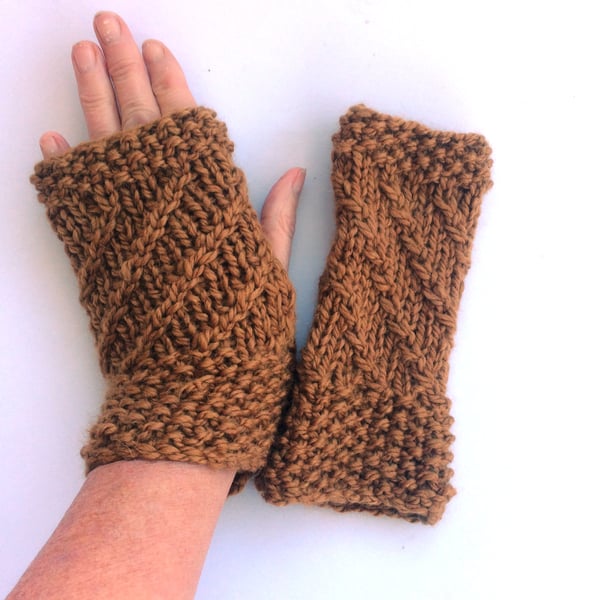 Copper hand knit fingerless gloves