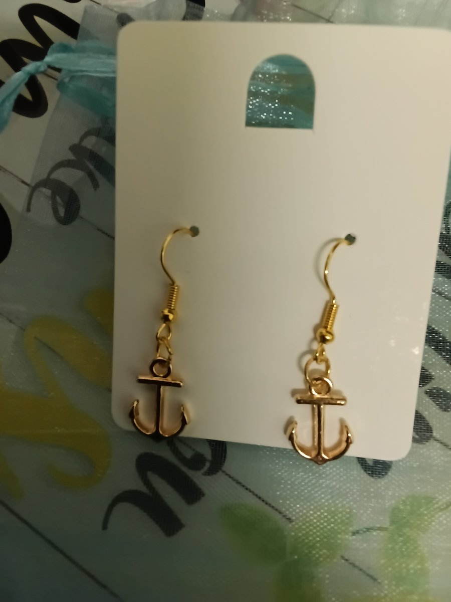 Gold plated drop earrings,  anchor charms, very nautical!