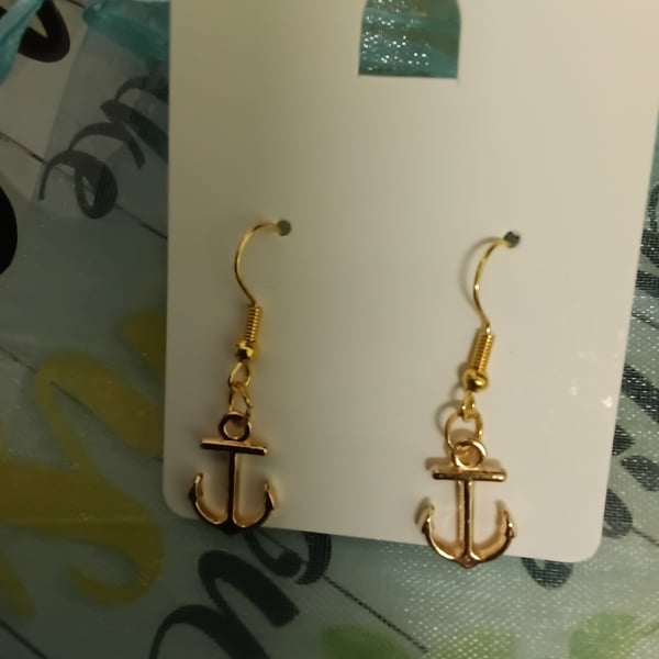Gold plated drop earrings,  anchor charms, very nautical!