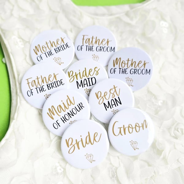 Wedding Party Badges: Bride, Groom, Bridal Party, Favours (38mm)