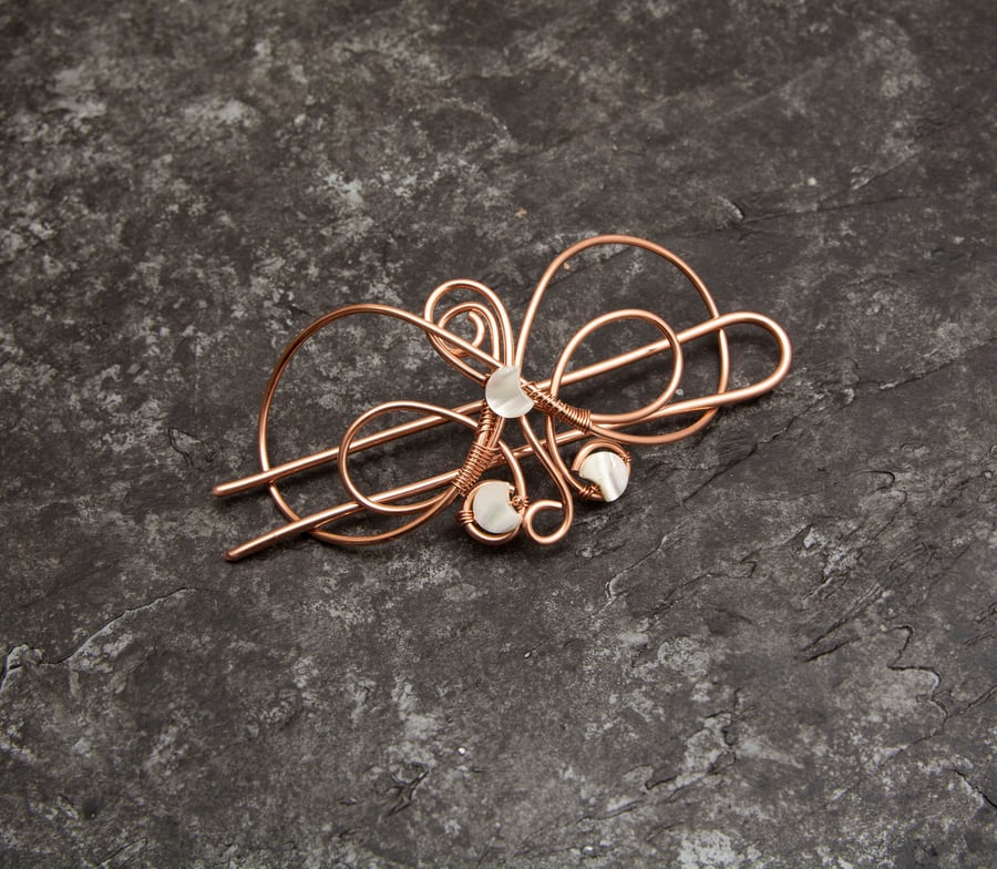Copper, Silver, antique copper Hair barrette ,wire wrapped hair bun,