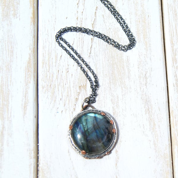 Labradorite Rustic Necklace, Silver And Copper Pendant, Hand Stamped Jewellery
