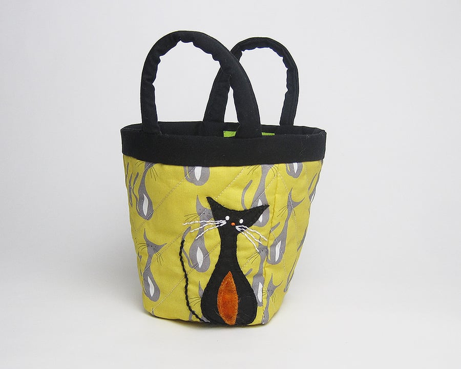 Yellow bijou project bag with appliqué cat on cat print