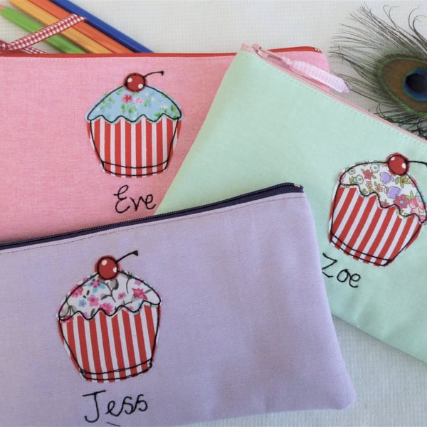 Cupcake Personalised Pencil Case - Art Pen Holder - embroidered gift 