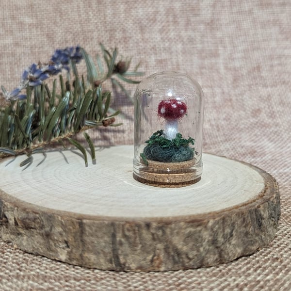 Miniature Needle felt Toadstool in Glass Cloche (Red or Purple)