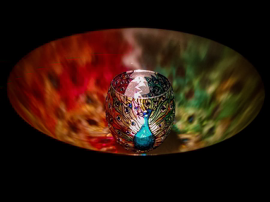 Handmade stained glass effect lantern for tea light suncather with peacock