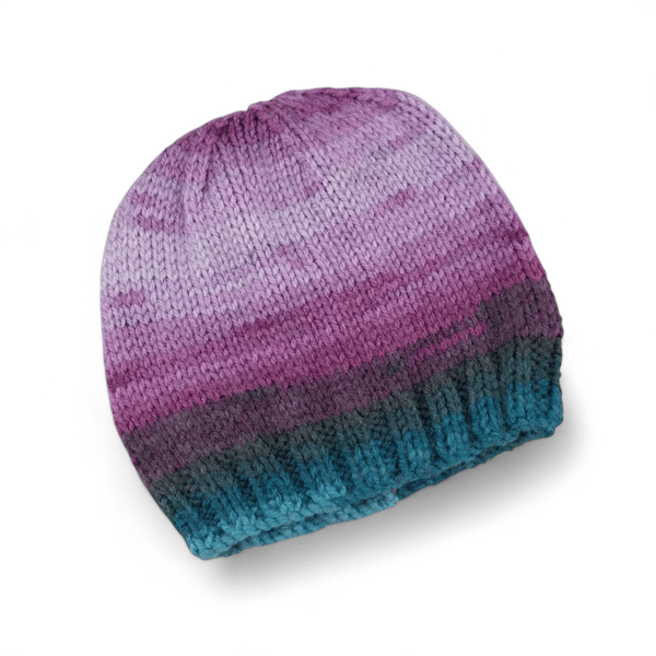 Purple and Blue Baby Hat Hand Knitted with Self-Striping Yarn