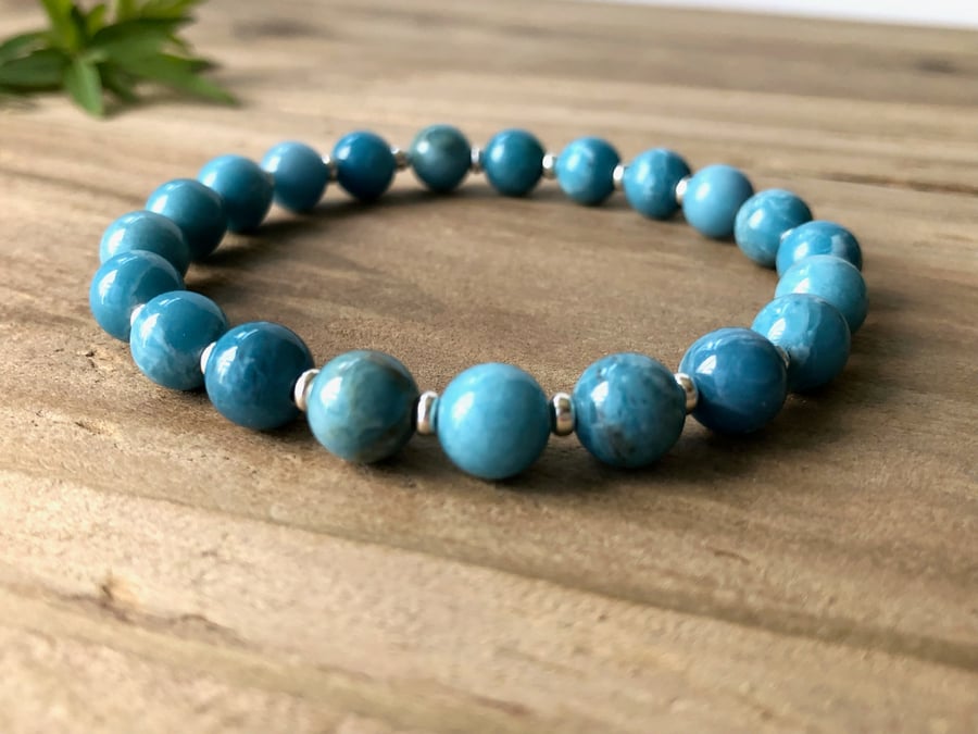  Larimar & Sterling Silver Stretch Bracelet. Blue Gemstone Beaded Bracelet