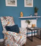 Mustard Peacocks Armchair & Footstool Adult Chair Pouffe Fryetts Fabric Accent - Image 4