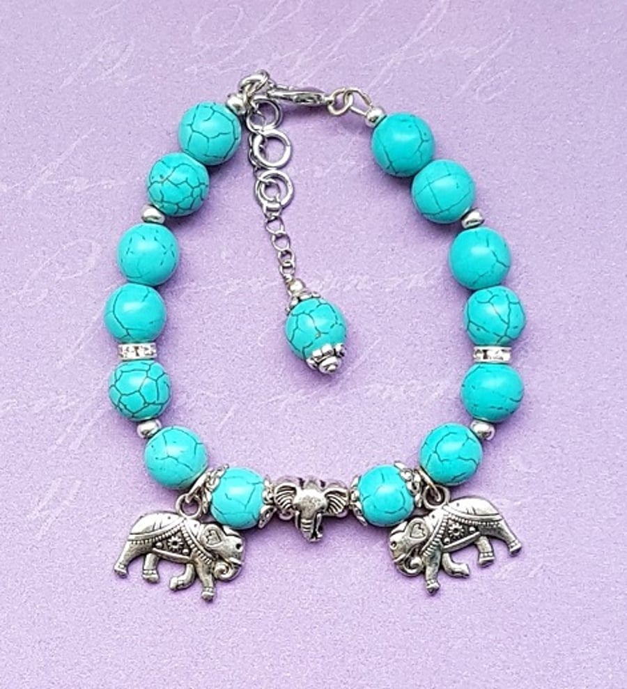 Beautiful Turquoise Triple Elephant Charm Bracelet