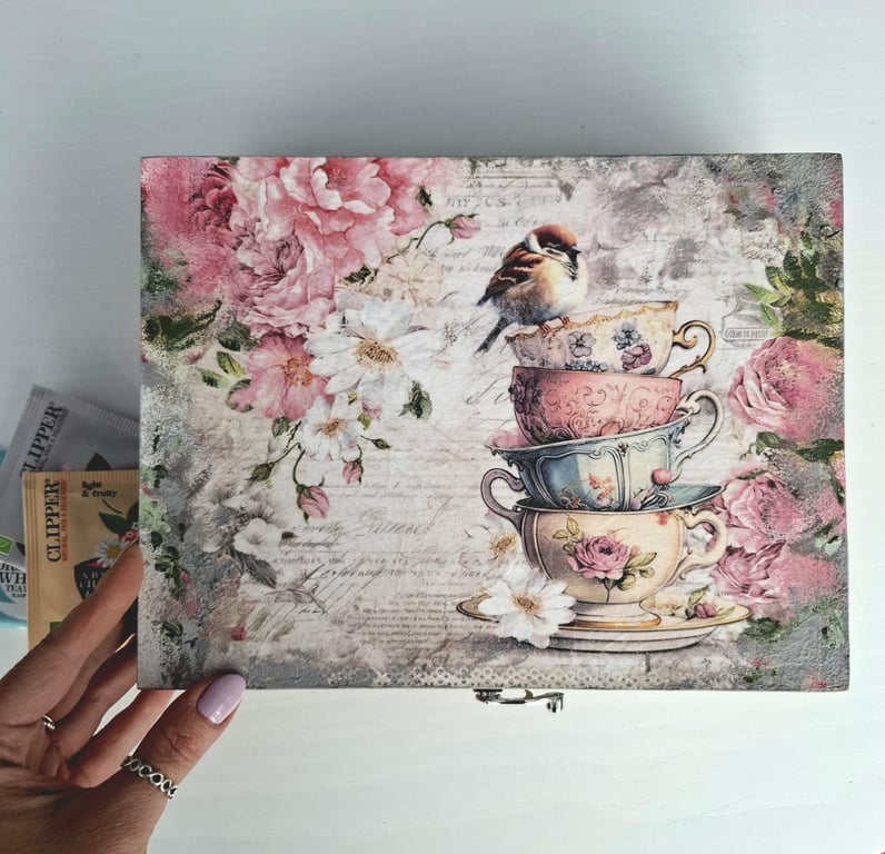 Decoupaged Wooden Tea Box, Floral Tea Bag Storage, 6 Compartments