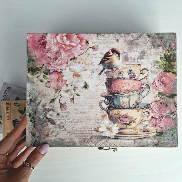 Decoupaged Wooden Tea Box, Floral Tea Bag Storage, 6 Compartments