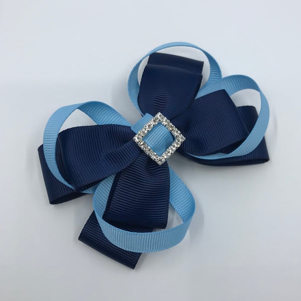 Navy Double Layer Bow with Light Blue Loops on Clip