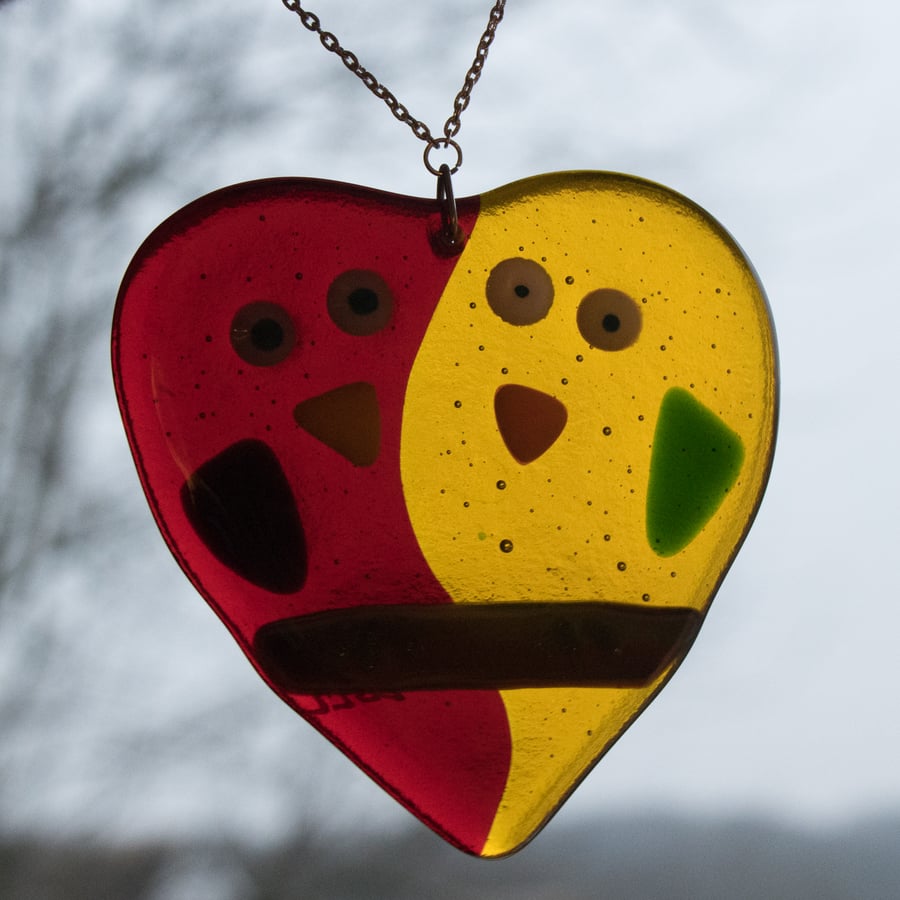 Lovebirds - Red & Yellow Fused Glass - 9049
