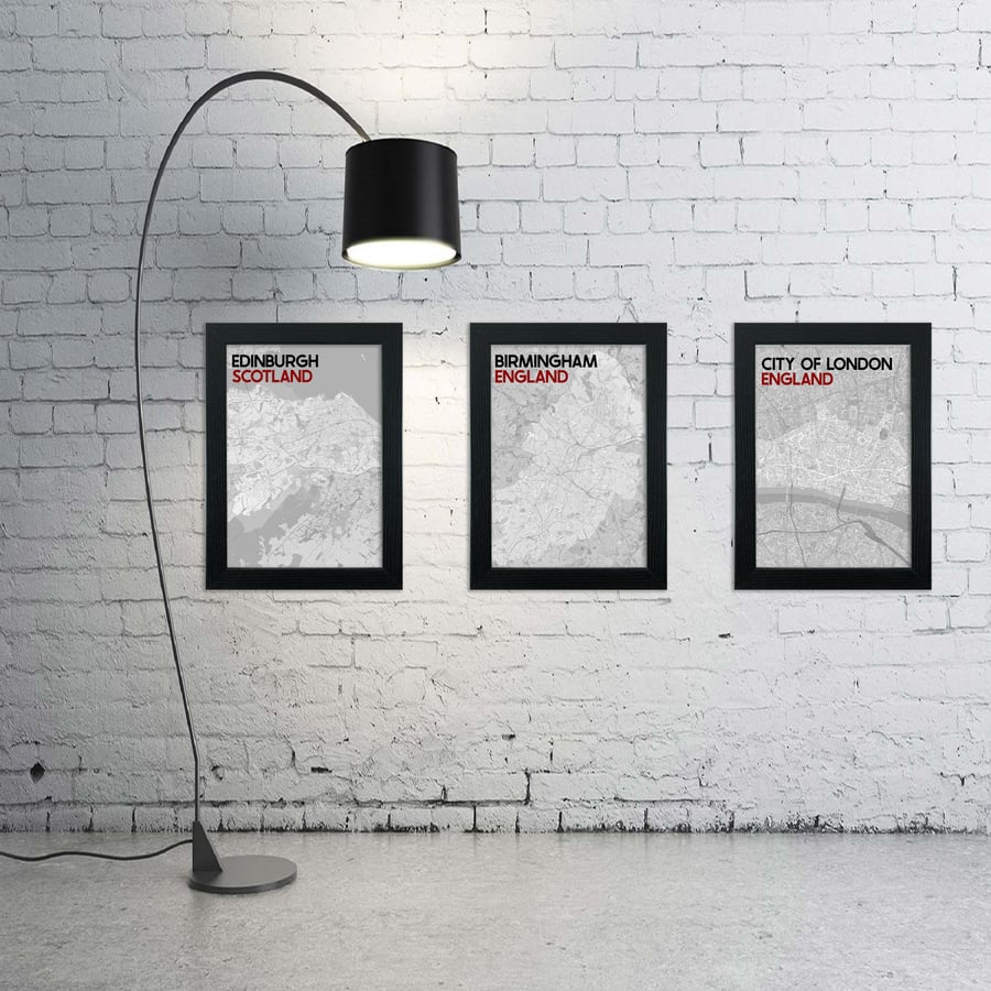 Black and red map prints: United Kingdom