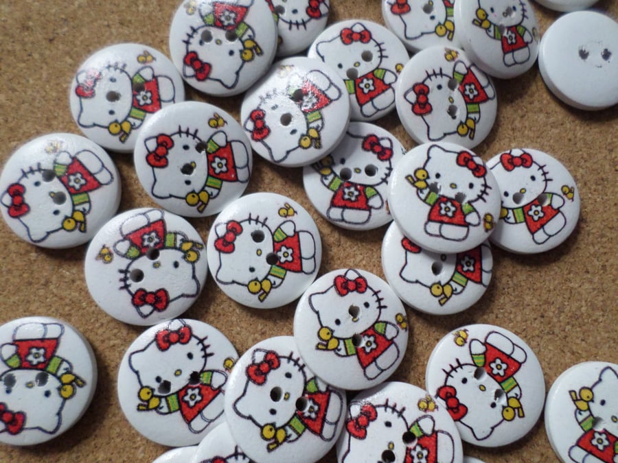 10 x 2-Hole Printed Wooden Buttons - Round - 23mm - Kitty & Duck
