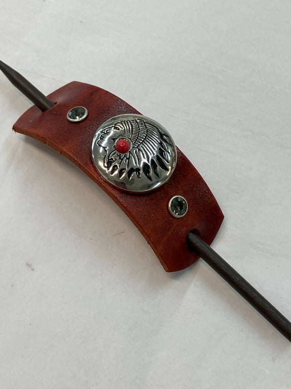 Dyed Brown Leather Hair Stick Barrette - Native American design