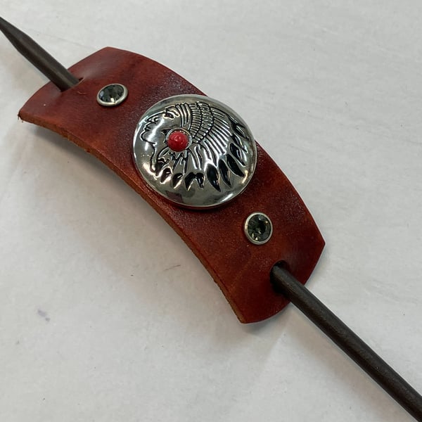 Dyed Brown Leather Hair Stick Barrette - Native American design