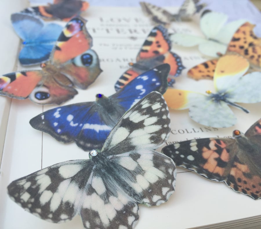  Silk butterfly hair clips.  British Butterfly collection set of 7